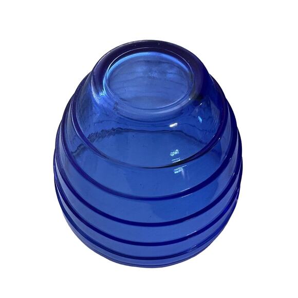 2 Hazel Atlas Cobalt Blue Glass Custard Dish Cups Bowls Ribbed Striped 3" - Picture 4 of 5